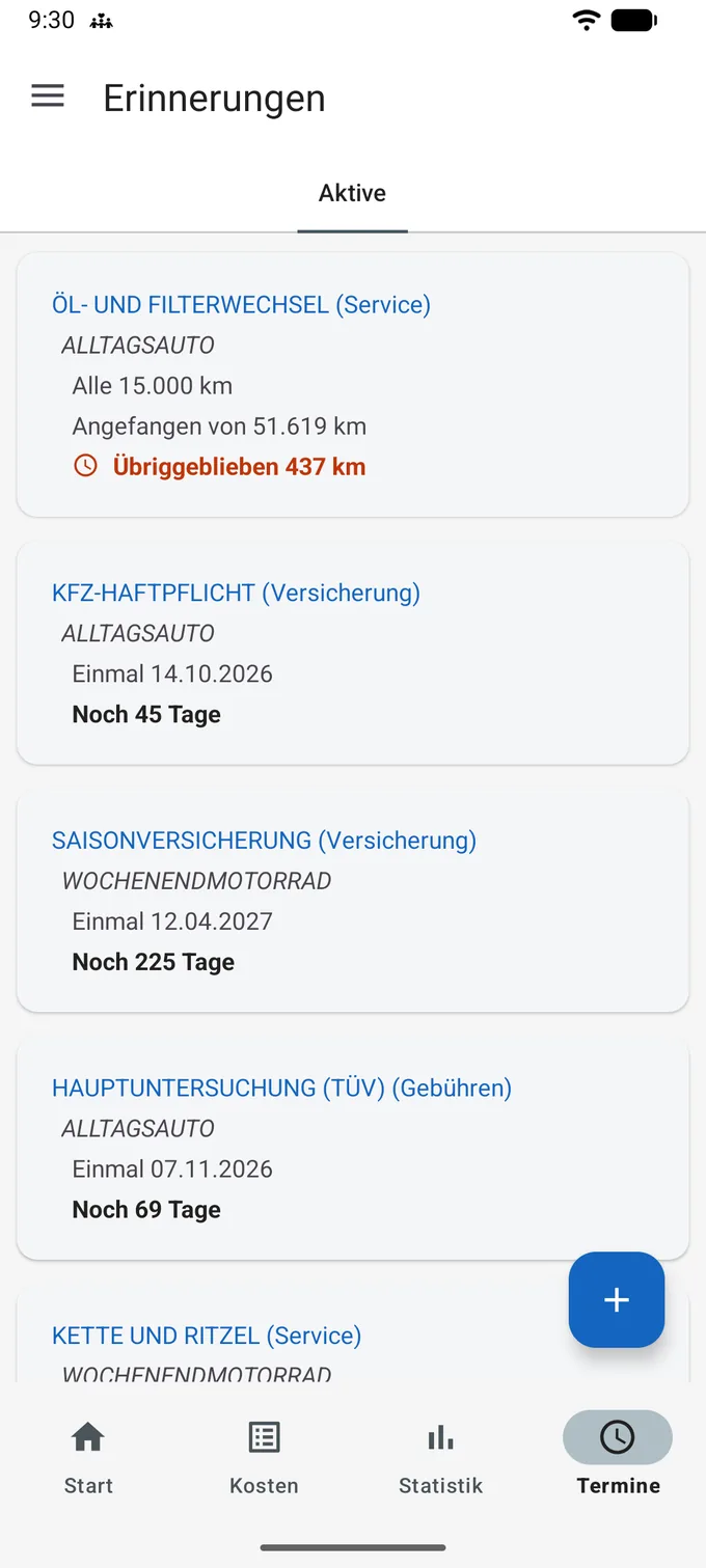Der Bildschirm „Erinnerungen“ auf dem Reiter „Aktive“. Öl- und Filterwechsel, Service, am Alltagsauto: alle 15.000 km, angefangen von 51.619 km, und in Rot mit Uhrsymbol „Übriggeblieben 437 km“. Kfz-Haftpflicht, Versicherung, am Alltagsauto: einmal 14.10.2026, noch 45 Tage. Saisonversicherung, Versicherung, am Wochenendmotorrad: einmal 12.04.2027, noch 225 Tage. Hauptuntersuchung (TÜV), Gebühren, am Alltagsauto: einmal 07.11.2026, noch 69 Tage. Eine fünfte Karte, Kette und Ritzel am Wochenendmotorrad, ist unten abgeschnitten.