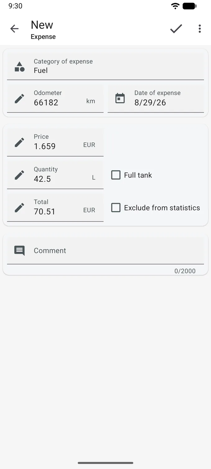 New expense form with the Fuel category selected: odometer 66182 km and the date side by side, then Price 1.659 EUR, Quantity 42.5 L and Total 70.51 EUR, with Full tank and Exclude from statistics check boxes and a comment field below.