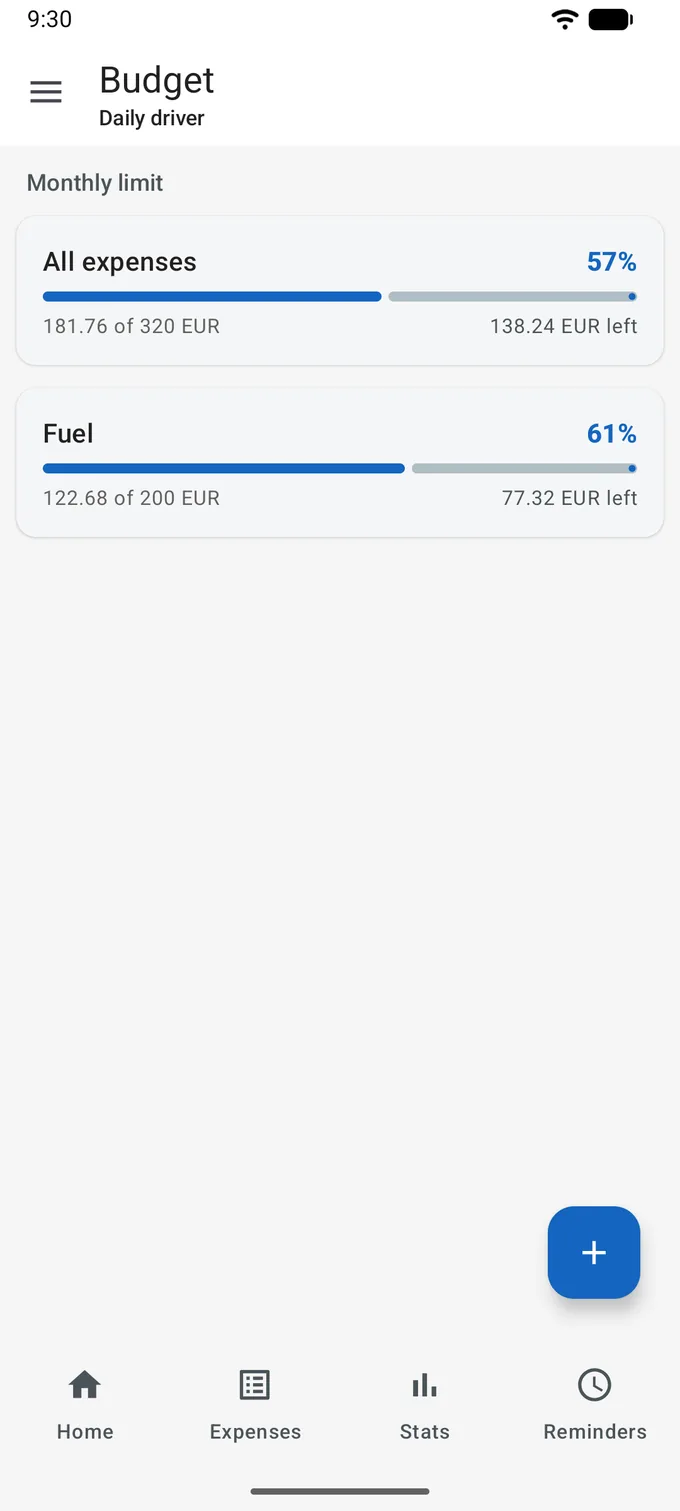 Budget screen for Daily driver, under the heading Monthly limit: an All expenses bar at 57%, 181.76 of 320 EUR with 138.24 EUR left, and a Fuel bar at 61%, 122.68 of 200 EUR with 77.32 EUR left.