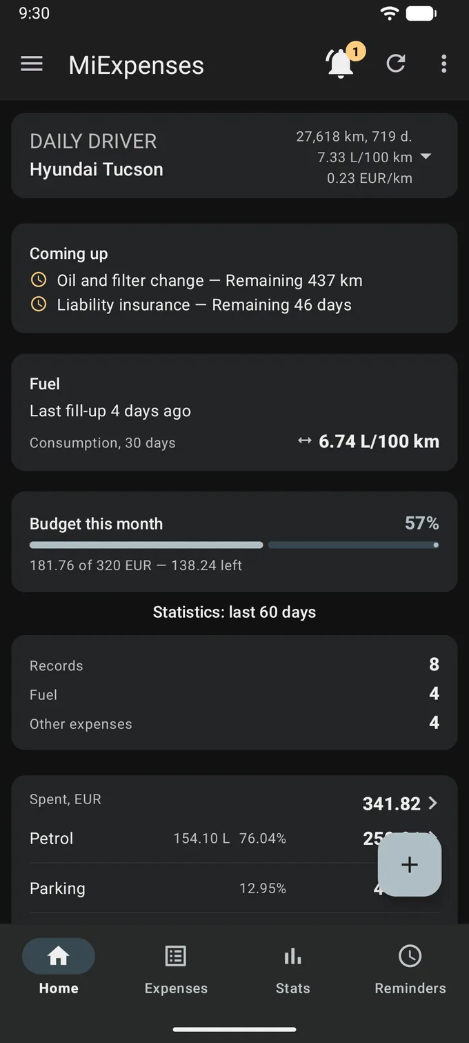 The same home screen in a dark theme: near-black background, light text, dark cards, an amber notification badge and a pale button. Every figure is identical to the light screenshot.