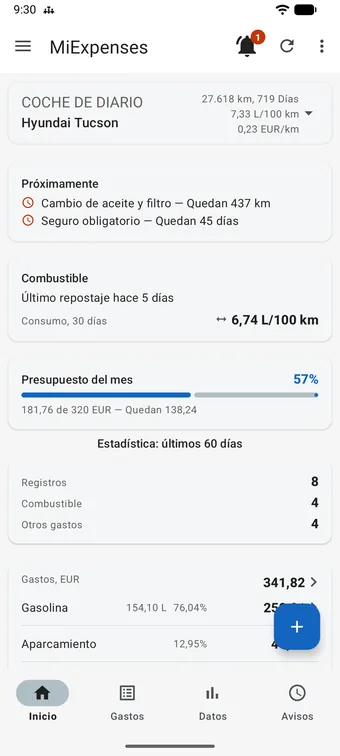 Pantalla de inicio de MiExpenses: la tarjeta COCHE DE DIARIO, Hyundai Tucson, con 27.618 km, 7,33 L/100 km y 0,23 EUR/km; la tarjeta Próximamente con el cambio de aceite y filtro en 437 km y el seguro obligatorio en 45 días; la tarjeta Combustible con 6,74 L/100 km de consumo en 30 días; Presupuesto del mes al 57 %, y la estadística de los últimos 60 días.