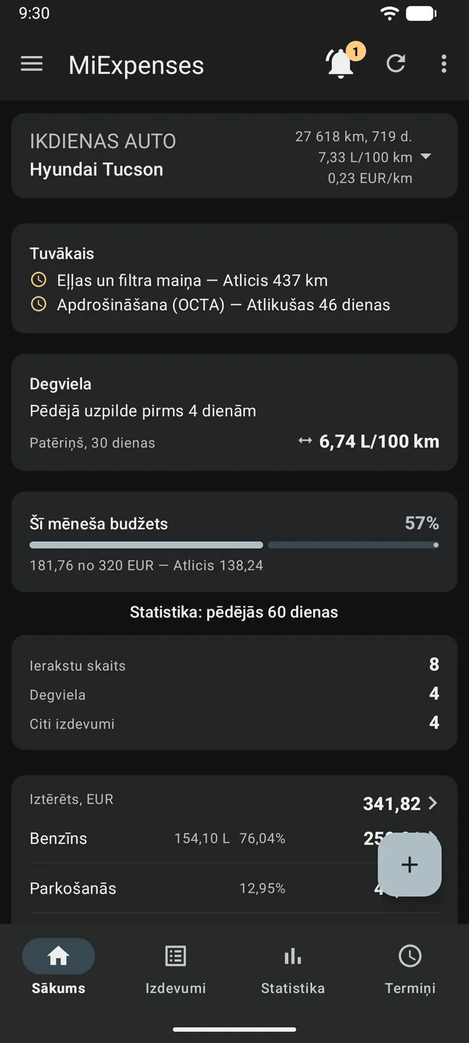 Tas pats sākuma ekrāns tumšā tēmā: gandrīz melns fons, gaišs teksts, tumšas kartītes, dzintarkrāsas paziņojumu atzīme un gaiša poga. Visi skaitļi ir tieši tādi paši kā gaišajā ekrānuzņēmumā.