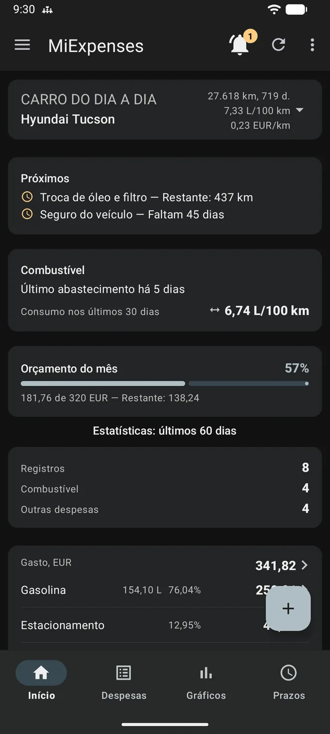 A mesma tela inicial no tema escuro: fundo quase preto, texto claro, cartões escuros, um selo de notificação âmbar e um botão claro. Todos os números são idênticos aos da captura no tema claro.